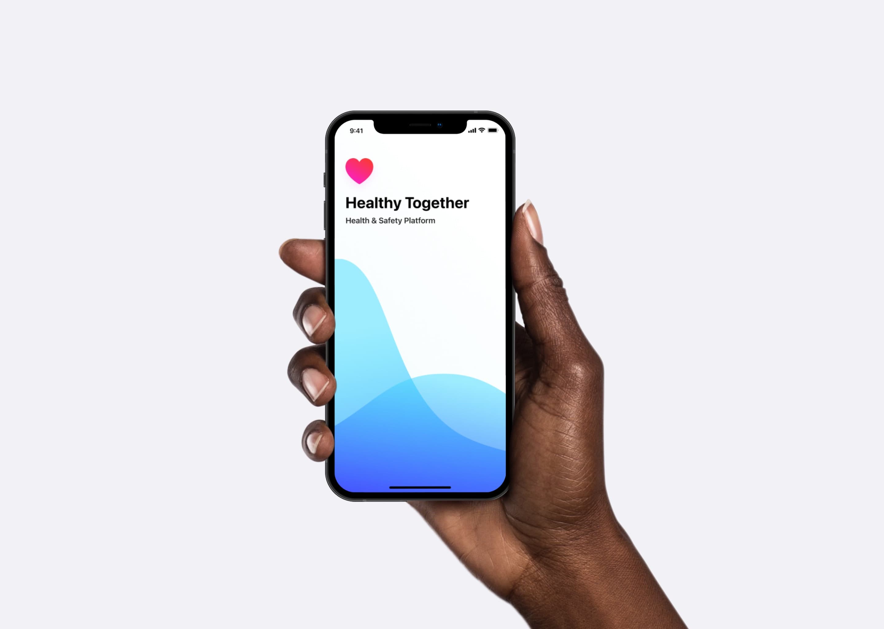 A hand holds a phone displaying the Healthy Together app