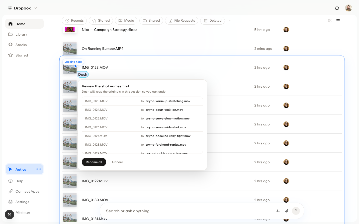 Dash observes a rename pattern, proposes the batch, opens review, and changes every file only after approval.