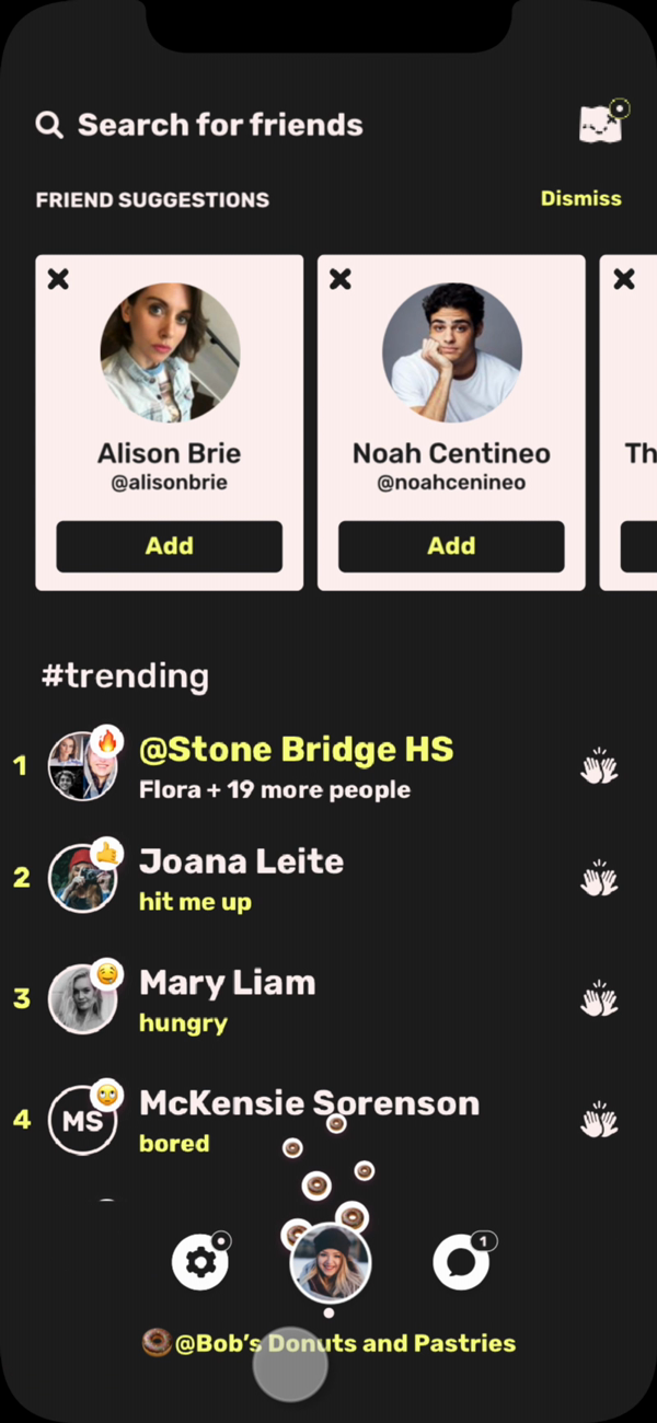 The Stoop prototype moves through friend suggestions, trending people, and a profile using fictional fixture data